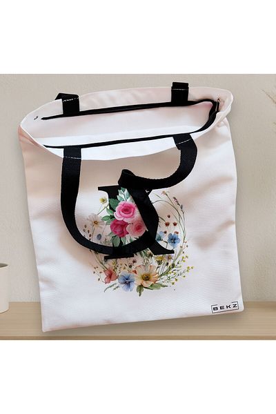 BEKZ Sacosa Textila Cu Fermoar, Geanta Tote, Cu Litera K In Coronita Florala, 38x34.5 Cm, Alba, ®