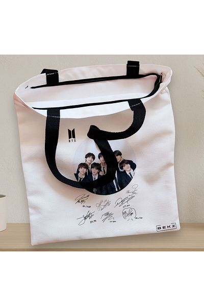 BEKZ Textile Bag With Zipper, Tote Bag, Model Bts Army 8 With Signatures, 38x34.5 Cm, ​​White, ®