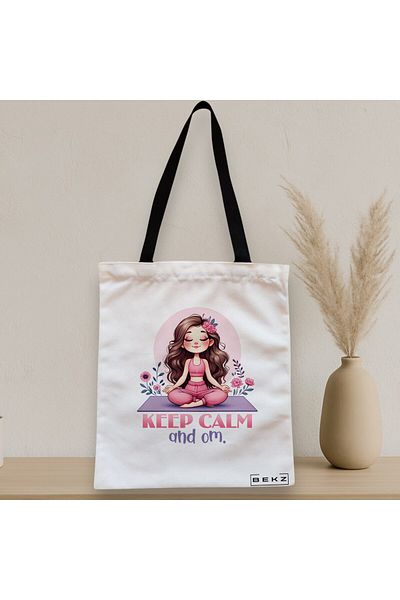 BEKZ Textile Bag With Zipper, Yoga Tote Bag Keep Calm And Om, 38x34.5 Cm, ​​White, ®