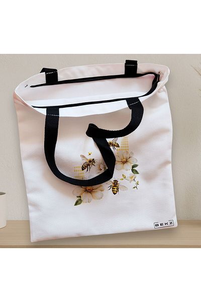 BEKZ Sacosa Textila Cu Fermoar, Geanta Tote, Model Bees And Flowers 38 X 34.5 Cm, Alb, ®