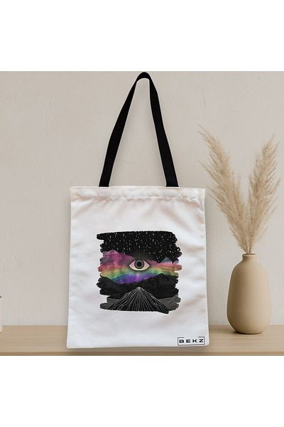 BEKZ Sacosa Textila Cu Fermoar, Geanta Tote, Model Celestial Eye 2, 38x34.5 Cm, Alba, ®