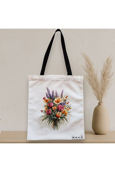 BEKZ Sacosa Textila Cu Fermoar, Geanta Tote, Model Flower Bouquet 2, 38 X 34.5 Cm, Alb, ®