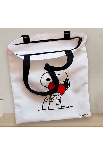 BEKZ Sacosa Textila Cu Fermoar, Geanta Tote, Model Doggo Love, 38x34.5 Cm, Alba, ®