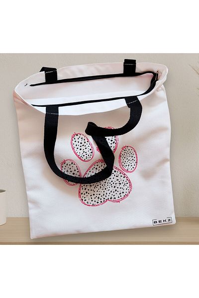 BEKZ Textile Bag With Zipper, Tote Bag, Paw Pattern, 38x34.5 Cm, ​​White, ®