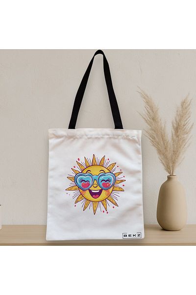 BEKZ Sacosa Textila Cu Fermoar, Geanta Tote, Model Sun Faces 6 38 X 34.5 Cm, Alb, ®