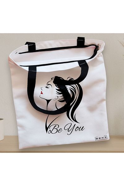 BEKZ Sacosa Textila Cu Fermoar, Geanta Tote, Model Be You, 38x34.5 Cm, Alba, ®
