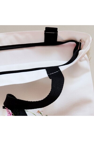 BEKZ Sacosa Textila Cu Fermoar, Geanta Tote, Cu Litera I In Coronita Florala, 38x34.5 Cm, Alba, ®