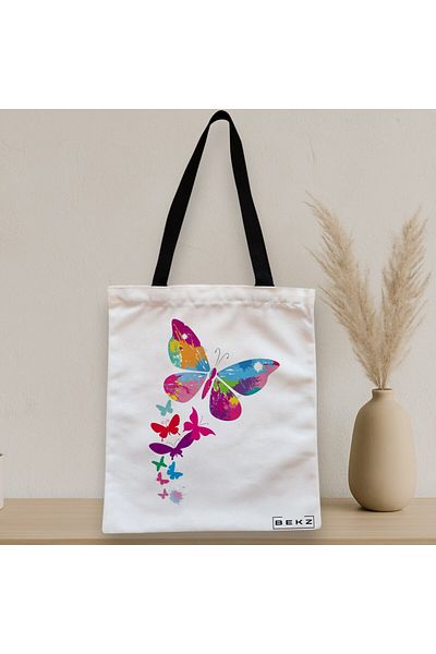 BEKZ Sacosa Textila Cu Fermoar, Geanta Tote, Model Watercolor Butterfly, 38x34.5 Cm, Alba, ®