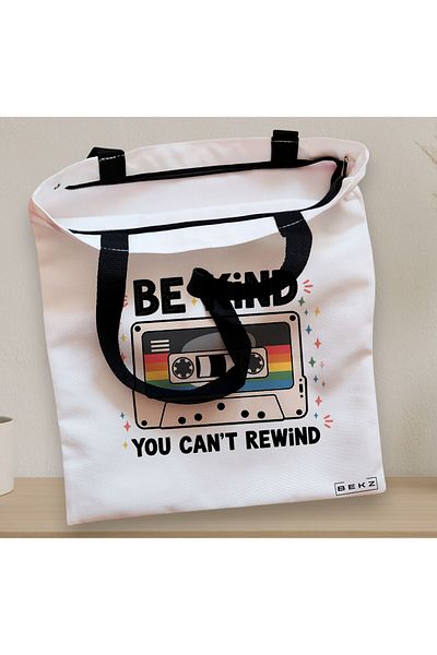 BEKZ Sacosa Textila Cu Fermoar, Geanta Tote, Model Be Kind You Can’t Rewind 38 X 34.5 Cm, Alb, ®