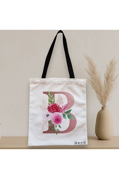 BEKZ Sacosa Textila Cu Fermoar, Geanta Tote, Cu Litera B Rose Gold Si Trandafiri, 38x34.5 Cm, Alba, ®