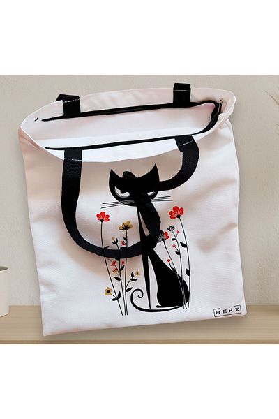 BEKZ Sacosa Textila Cu Fermoar, Geanta Tote, Model Cat And Flowers 2, 38 X 34.5 Cm, Alb, ®