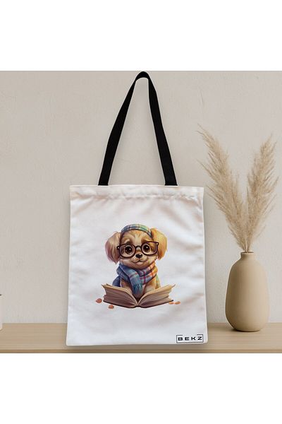 BEKZ Sacosa Textila Cu Fermoar, Geanta Tote, Model Reading Puppy 22 38 X 34.5 Cm, Alb, ®