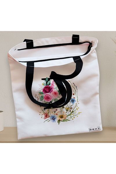 BEKZ Textile Bag With Zipper, Tote Bag, With Letter D In Floral Wreath, 38x34.5 Cm, ​​White, ®