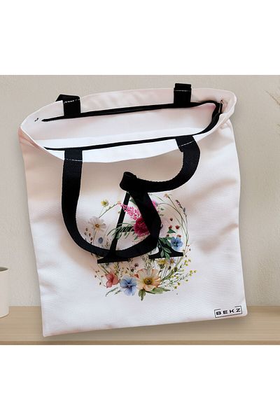 BEKZ Sacosa Textila Cu Fermoar, Geanta Tote, Cu Litera A In Coronita Florala, 38x34.5 Cm, Alba, ®