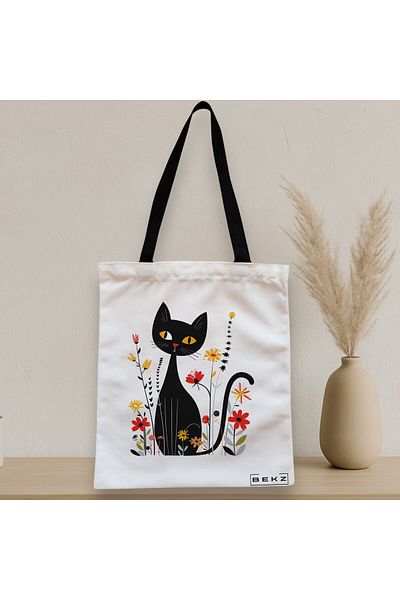BEKZ Sacosa Textila Cu Fermoar, Geanta Tote, Model Cat And Flowers 4, 38 X 34.5 Cm, Alb, ®