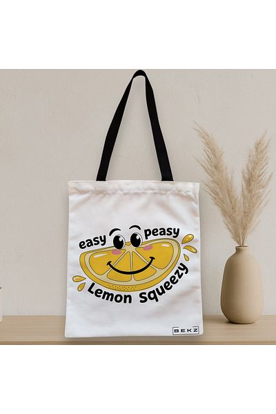 BEKZ Sacosa Textila Cu Fermoar, Geanta Tote, Model Easy Peasy Lemon Squeezy 38 X 34.5 Cm, Alb, ®