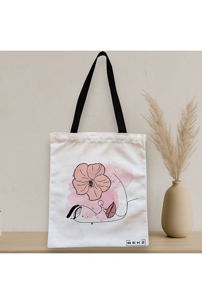 BEKZ Sacosa Textila Cu Fermoar, Geanta Tote, Model Floral Line, 38x34.5 Cm, Alba, ®