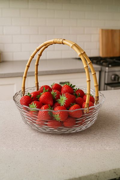 FAIR HOME Round Glass Large Size Basket with Bamboo Handle – Presentation Bowl – Fruit Bowl