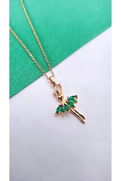 Serenity قلادة من الفولاذ بحجر الزركون الأخضر مع شكل راقصة الباليه