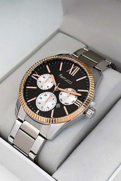 Ferrucci Men's Wristwatch with Calendar Steel Cord with Calendar 3 Atm Water Resistant Bracelet Silver with Gift