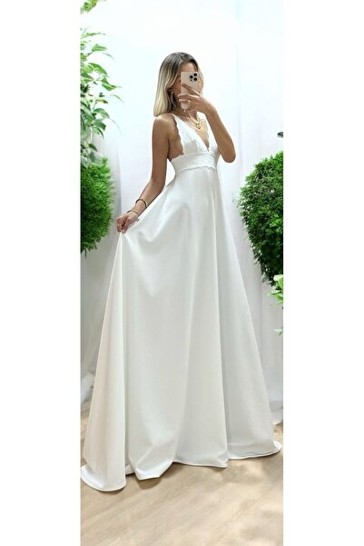 MODAHOBİMİZ Şık Tasarım Gelinlik Hafif Akıcı Dantel Detaylı Beyaz Elbise