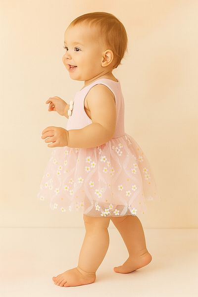 dinamik çocuk Daisy Patterned Tulle Bodysuit Girl's Dress with Ribbed, Sleeveless Summer Bottom Outfit