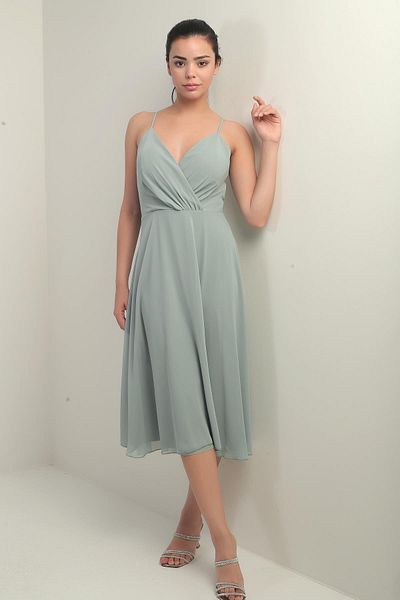 By Saygı Women's Rope Strap Double Breasted Neck Lined Back Lace up Flared Chiffon Dress