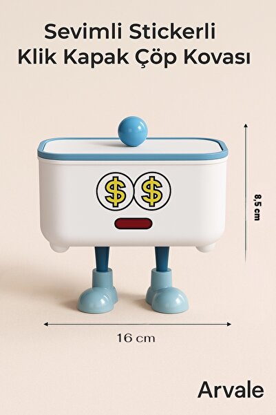 ARVALE Sevimli Klik Kapak Stickerlı Çöp Kovası | 1,8 Litre