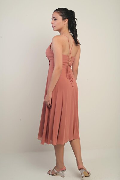 By Saygı Kadın İp Askılı Kruvaze Yaka Astarlı Arkası Bağcıklı Kloş Şifon Elbise