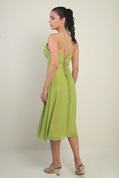 By Saygı Women's Rope Strap Double Breasted Neck Lined Back Lace up Flared Chiffon Dress