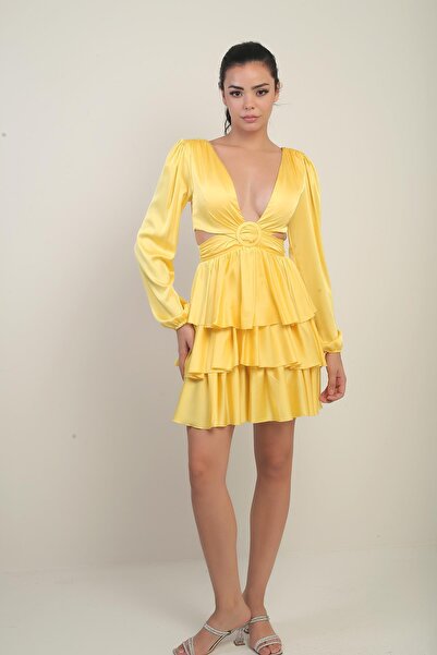 By Saygı Women's Front Back V Neck Low-Cut Low-Cut Lined Fold Satin Short Dress