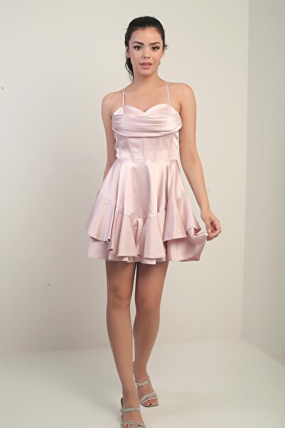 By Saygı Women's String Strap Back Tie Underwire Skirt Layered Lined Satin Short Dress