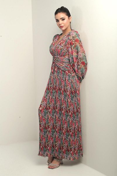 By Saygı Women's V Neck Lined Floral Print Complete Pleated Chiffon Long Dress