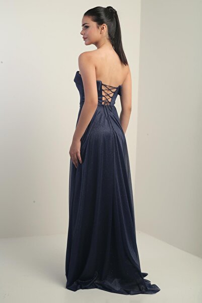 By Saygı Жіноча довга сукня з сріблястого фатину на підкладці з коміром-губкою