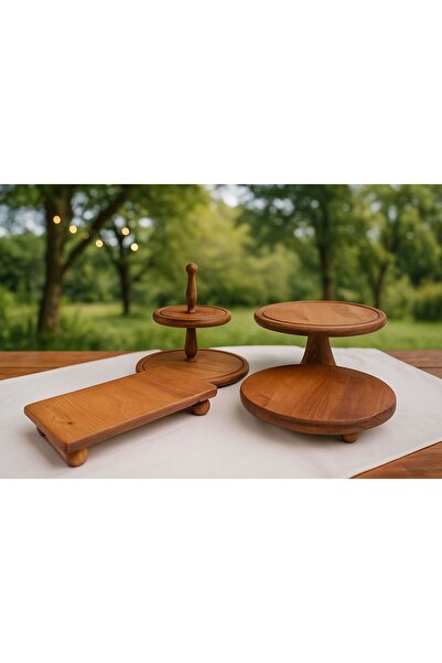MERALP 4lü Ahşap Pasta Sunum 28 Cm Stand Pastalık, Dikdörtgen Sunumluk, 2 Kat...