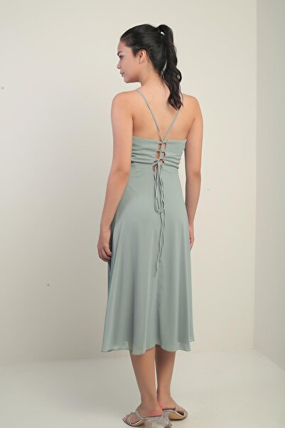 By Saygı Women's Rope Strap Double Breasted Neck Lined Back Lace up Flared Chiffon Dress