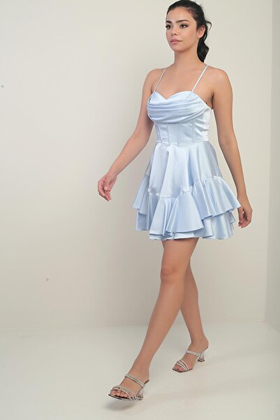 By Saygı Kadın İp Askılı Arkadan Bağlamalı Balenli Eteği Katlı Astarlı Saten Kısa Elbise