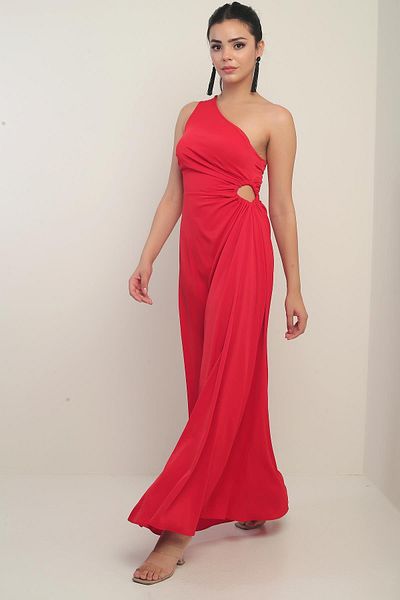 By Saygı Rochie lungă din satin creponat, cu un singur umăr, cu detaliu pentru fereastră laterală