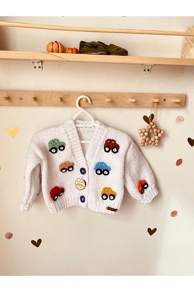 seraskids WHite Car Patterned Hand Knitted Cardigan for Baby Boy