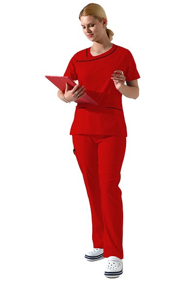 BEDUCA Red Lycra Collar Detailed Scrubs Set, Esthetician and Beauty Center Uniform