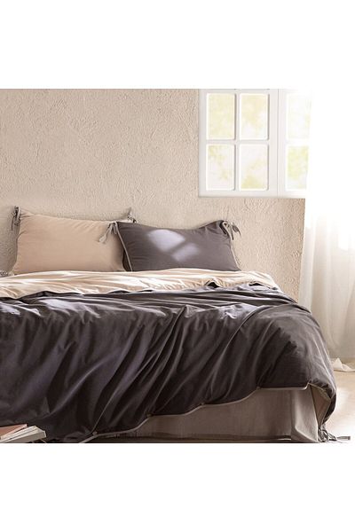 Madame Coco Aimon Bettwäsche-Set, Kingsize, 100 % gewaschene Baumwolle, zum Binden, Anthrazit/Beige