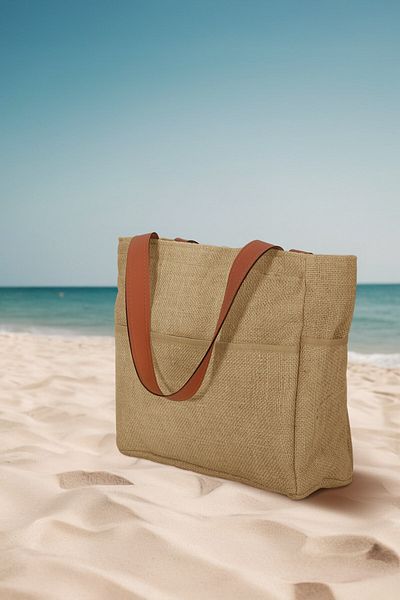 JASPER Straw Beach Bag, Zippered, Leather Edged, Brown, Liquid Proof Lining