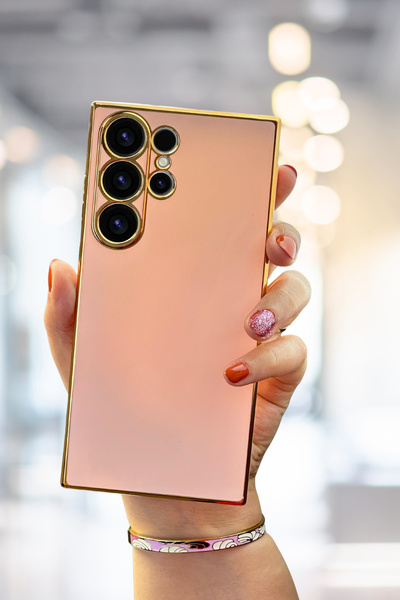 Fibaks Samsung Galaxy S23 Ultra Kılıf Parlak Kenarlı Altın Işlemeli Kamera Korumalı Bark Kapak