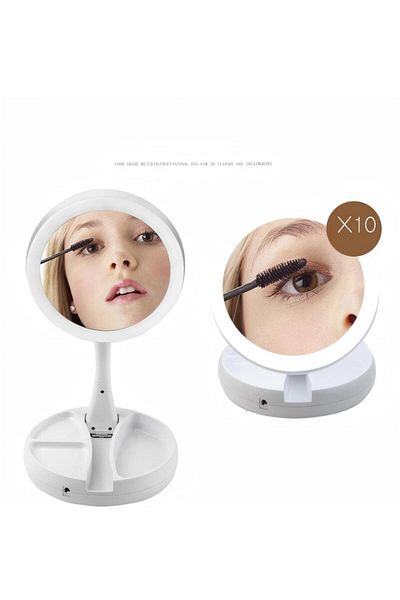 Generic مرآة مكياج LED مع مرآة مكبرة 10x، تدور 360 درجة، قابلة للسحب والتخزين، بيضاء