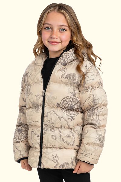Royalside Girl's Beige Compass Pattern Fleece Water and Windproof Hooded Puffer Winter Jacket with Pockets
