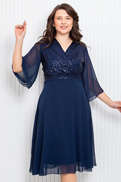 SUBU TASARIM Flitrové flitrové detailní večerní šaty Námořnická modrá Tbs910