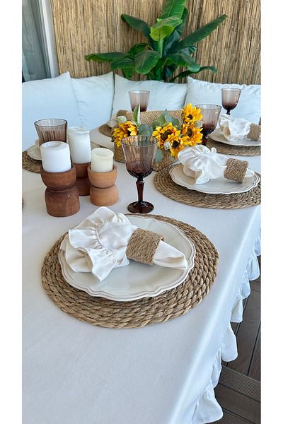 Decamor home Vintage Velvet Textured Ruffled Ecru Table Cloth Carefree Stain Resistant Fabric 1 Piece