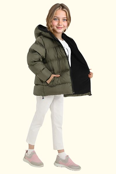 Royalside Girl's Khaki Fleece Inside Hooded Waterproof Wind Resistant Pocket Puffer Winter Jacket