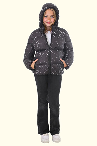 Royalside Kız Çocuk Siyah Çıkabilir Kapüşonlu Su ve Rüzgar Geçirmez Cepli Kışlık Şişme Mont & Kaban & Parka