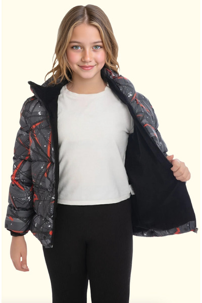 Royalside Girl's Black Geometric Pattern Fleece Water and Windproof Hooded Puffer Winter Jacket with Pockets